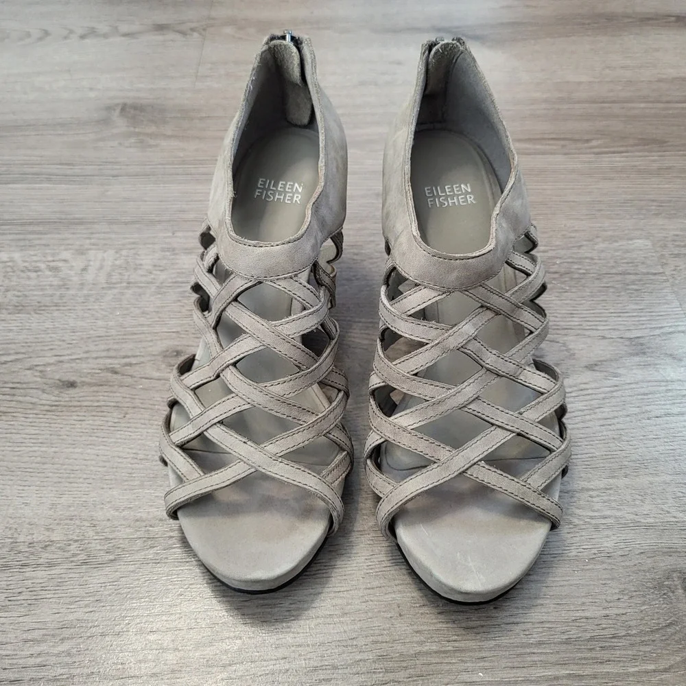 Eileen Fisher‎ Womens Gray Leather Caged Wedge Heel Sandals Back Zip Size 7